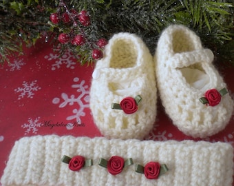 Crocheted Newborn Maryjanes Headband Antique White  Red Silk Rose