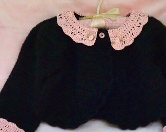 Crocheted Toddler Bolero Noir Pink Lace Collar Cuffs Matching Hat 2T 3T