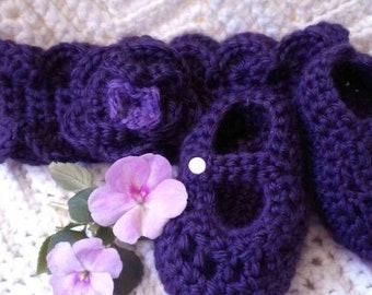 Crocheted Plum Maryjanes, Headband Infant 9-12 mo