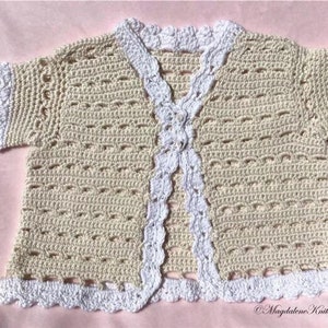 Crocheted Infant Sweater Ecru White Trim 6 12 mo image 1