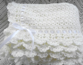 Crocheted Victorian Baby Afghan, Crib Blanket in Ecru Lace Border
