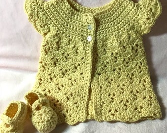 Crocheted Infant Sweater & Maryjanes Primrose Cashmerino Yarn