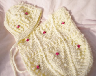 Crocheted Cocoon Bonnet Newborn IrishKnit  Heart Design SilkRoses