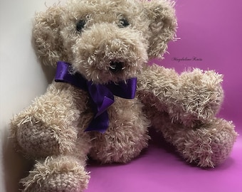 Crocheted Teddy Bear w Purple Ribbon