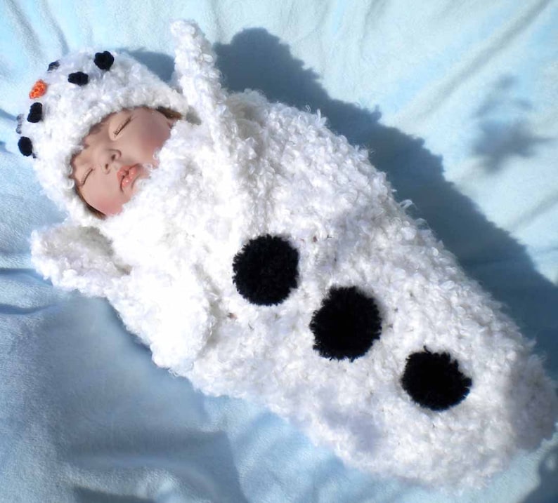 Crocheted Newborn Cocoon Snowman w Matching Hat Scarf Newborn 0 3 mo image 3