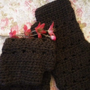 Crocheted Victorian Alpaca Fingerless Gloves Tea Length Dark Brown w Lace Victorian image 3