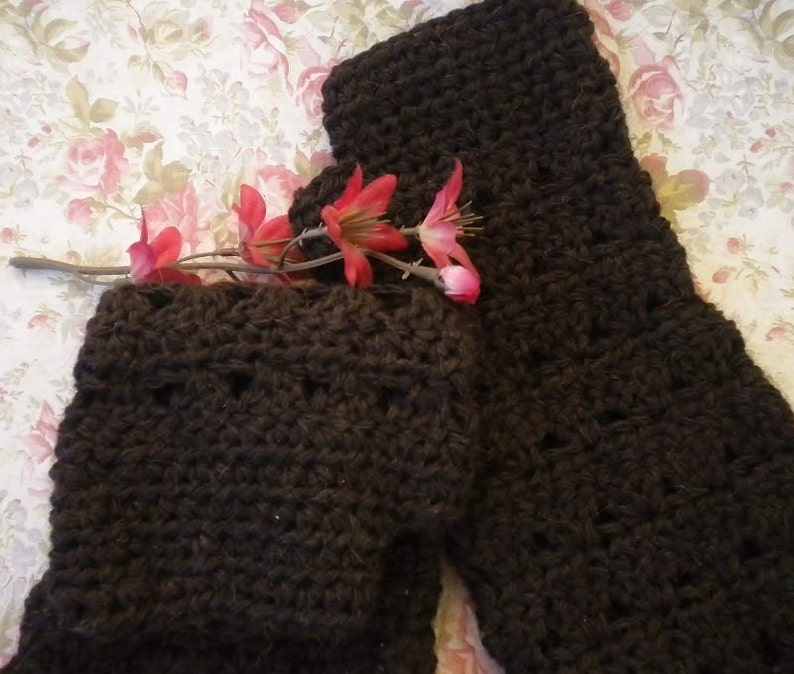 Crocheted Victorian Alpaca Fingerless Gloves Tea Length Dark Brown w Lace Victorian image 3