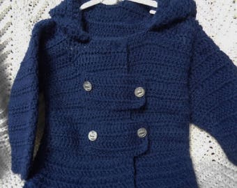 Crocheted Loden Sweater w Hood Baby Boy Navy Blue 18-24 mo