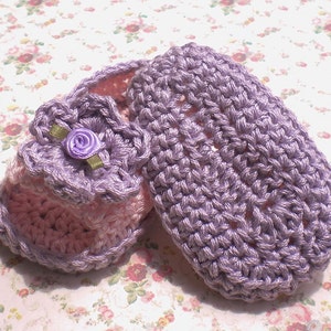 Crochet Infant Sandals Pink w Lilac Trim Cotton Yarn 3 6 mo image 2