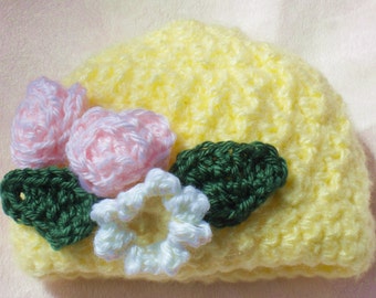 Crocheted Infant Cloche Hat Soft Yellow Crocheted Flowers