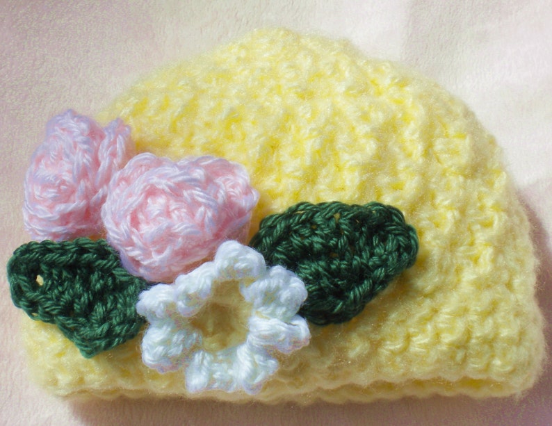 Crocheted Infant Cloche Hat Soft Yellow Crocheted Flowers image 1