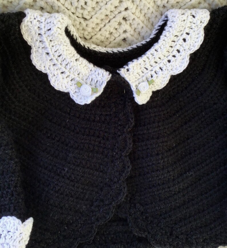 Crocheted Infant Girl Bolero Sweater Noir Lace Collar Cuff Headband