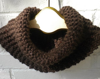 Knitted Cowl NeckWarmer in Chocolate Brown with Topaz Sequins