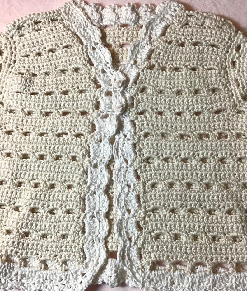 Crocheted Infant Sweater Ecru White Trim 6 12 mo image 3