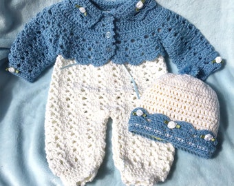 Crocheted Newborn Jumpsuit Jacket Hat Baby Girl 3-Piece Set