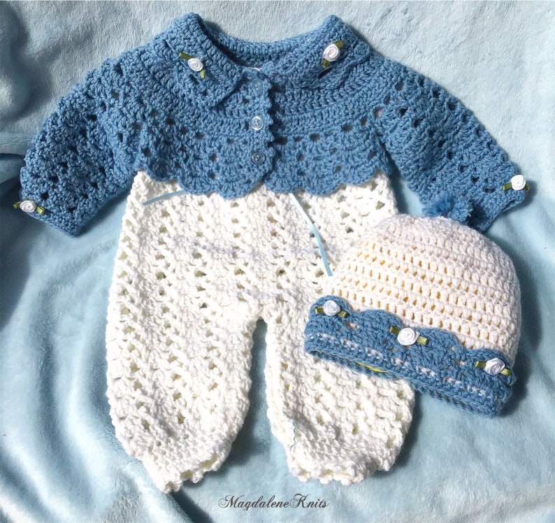 Crocheted Newborn Jumpsuit Jacket Hat Baby Girl image 0