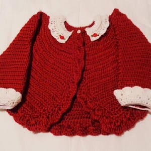 Crocheted Infant Bolero Sweater w Lace Collar Cuffs Autumn Red 12 18 mo image 2