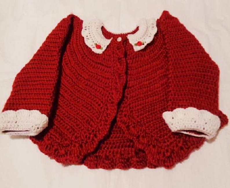 Crocheted Infant Bolero Sweater w Lace Collar Cuffs Autumn Red 12 18 mo image 2