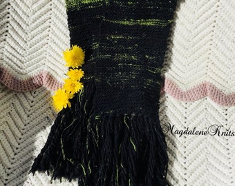 Hand Knit Art Yarn Scarf Black Greens