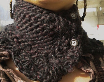 Neck Warmer Hand Hand Knit Victorian Deep Brown w Maroon Tones Wool Acrylic