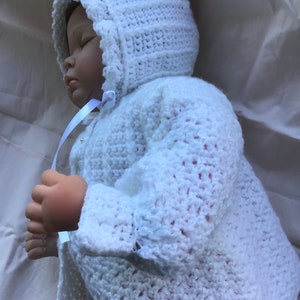 Crocheted Newborn Sweater Bonnet Baby Girl White 0 3mo image 5