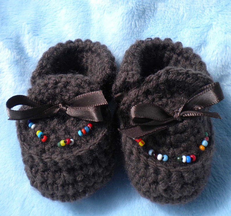Crocheted Moccasins Newborn 0 3 mo Brown w Hand Beaded Native American Beads image 1