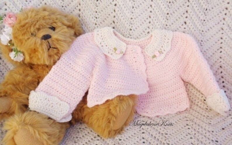 Crocheted Newborn Bolero Sweater Pink Lace Collar Cuffs  0 3mo image 1