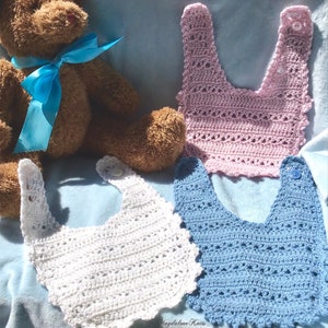 Crocheted Baby Bibs Pink Blue White Lambs Wool set of 3 image 1