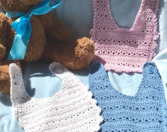 Crocheted Baby Bibs Pink Blue White Lambs Wool (set of 3)
