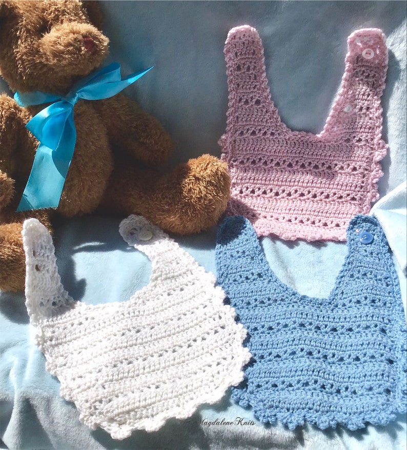 Crocheted Baby Bibs Pink Blue White Lambs Wool set of 3 image 1