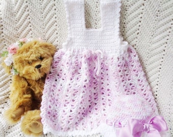 Crocheted Sundress SunBonnet Pink Lilac White Infant Girl Sun Hat w Lilac Satin Ribbon 9 12 mo