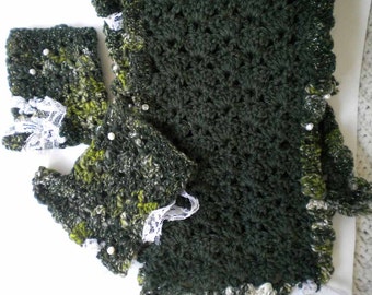 Crocheted Sage Green ArtYarn Scarf w matching Cuffs
