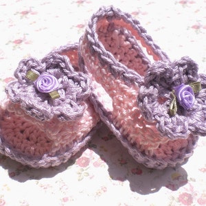 Crochet Infant Sandals Pink w Lilac Trim Cotton Yarn 3 6 mo image 3