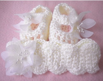 Crocheted Maryjanes Newborn Baby Girl Matching Headband Antique White 3 6 mo