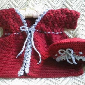 Crocheted Sweater Beret Toddler Girl Autumn Red Flannel Grey Picot Trim 2T image 1