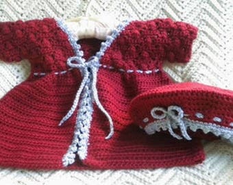 Crocheted Sweater Beret Toddler Girl Autumn Red Flannel Grey Picot Trim 2T