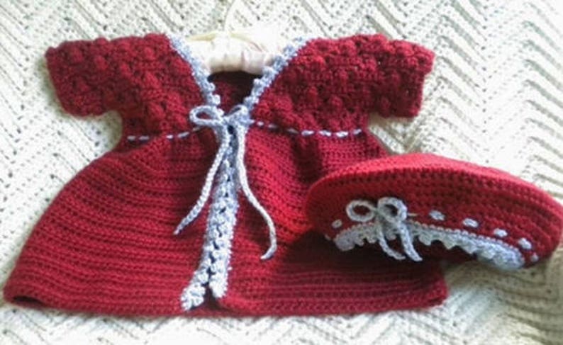 Crocheted Sweater Beret Toddler Girl Autumn Red Flannel Grey Picot Trim 2T image 1