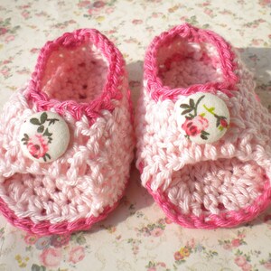 Crochet Pink Sandals Newborn Baby Girl w Flower Buttons image 3