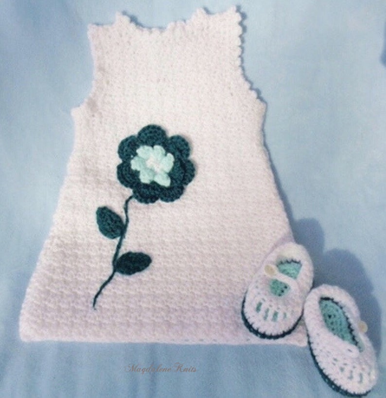 Crochet Newborn Sundress White w Flower Baby Girl 0 3 mo Maryjanes imagem 1