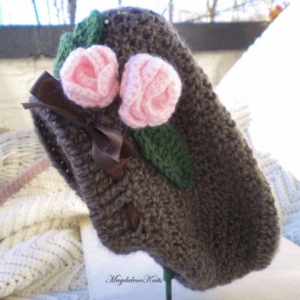 Crocheted Infant Slouchy Hat, Beret, Mink Brown w Pink Roses Mink Brown, Art Nouveau 6 12 mo