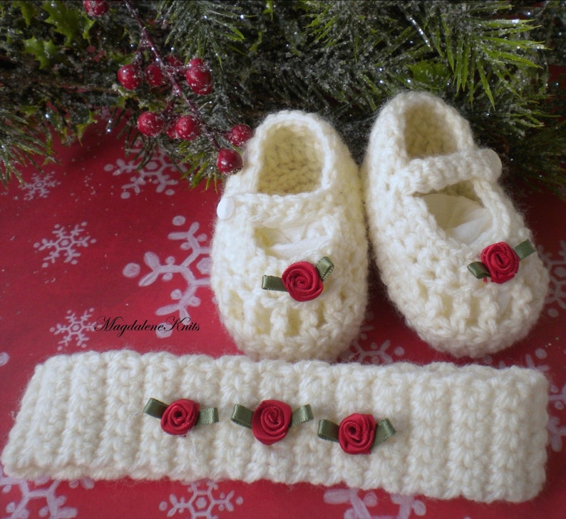 Crocheted Newborn Maryjanes Headband Antique White Red Silk Rose image 1