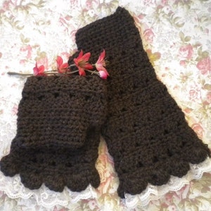 Crocheted Victorian Alpaca Fingerless Gloves Tea Length Dark Brown w Lace Victorian image 2