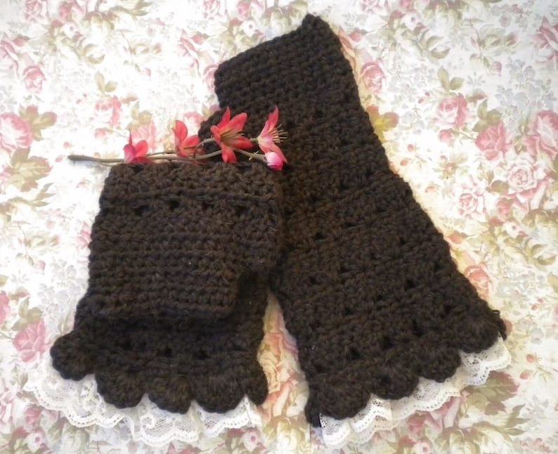 Crocheted Victorian Alpaca Fingerless Gloves Tea Length Dark Brown w Lace Victorian image 2