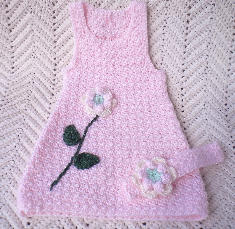 Crochet Newborn Sundress Pink w Headband Baby Girl 0 3 mo w Headband image 1