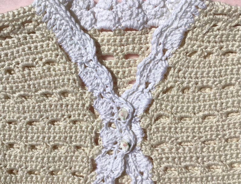 Crocheted Infant Sweater Ecru White Trim 6 12 mo image 2