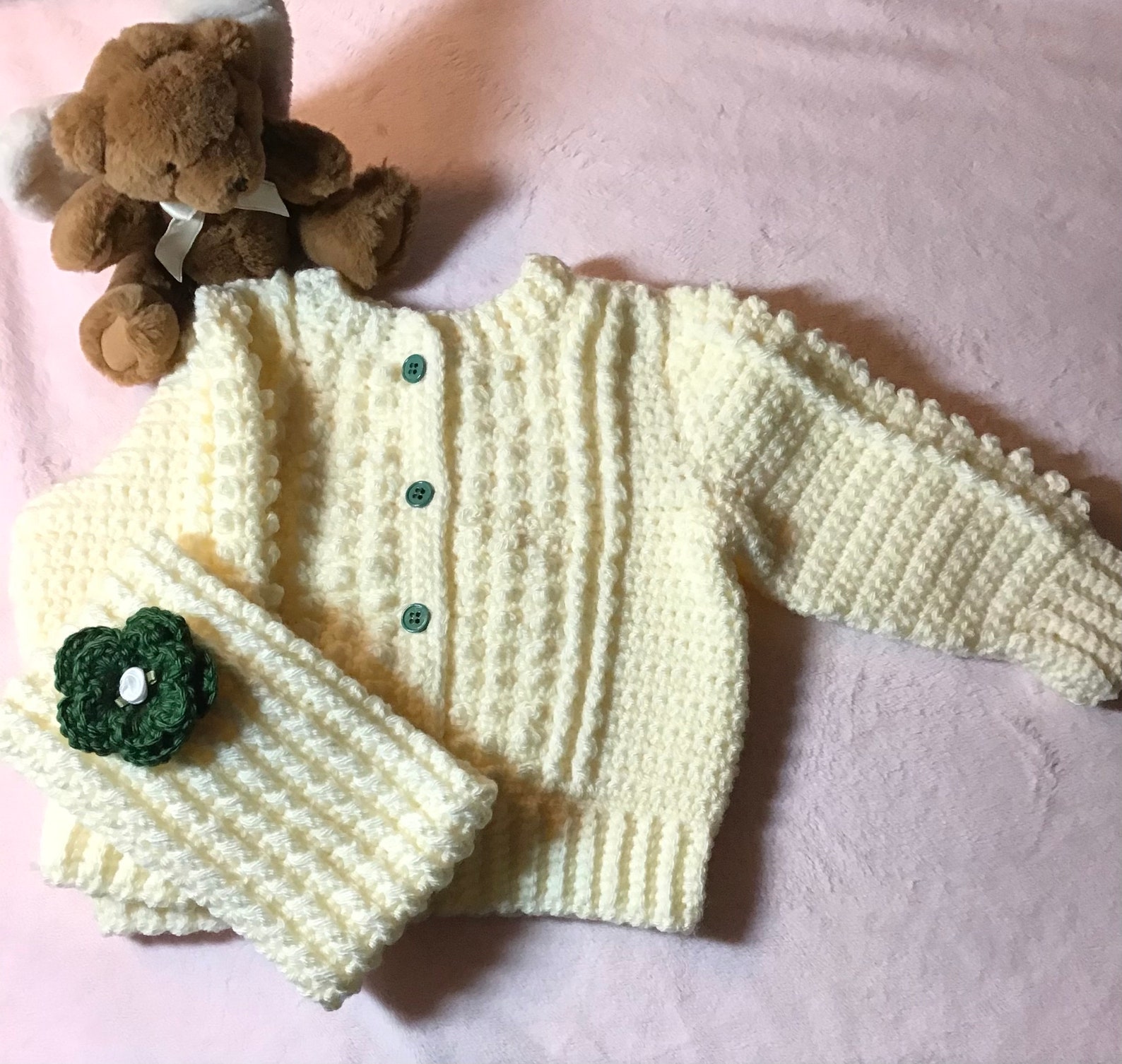 Crocheted Baby Irish Knit Sweater W Matching Hat W Sage Green Flower