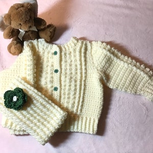 Crocheted Baby Irish Knit Sweater w Matching Hat w Sage Green Flower Girls Newborn & Infant Sizes Custom Order image 3