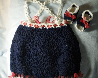 Crocheted Romper Sunsuit Crocheted Sandals Infant 3-6 mo Navy Blue White Trim