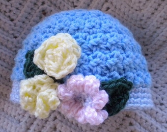 Crocheted Infant Cloche Hat Blue w Pink Yellow Flowers