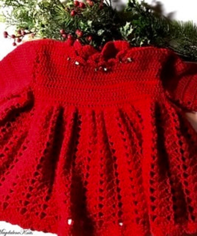 Crocheted Christmas Newborn Red Dress White Silk Roses 0-6 mo image 0